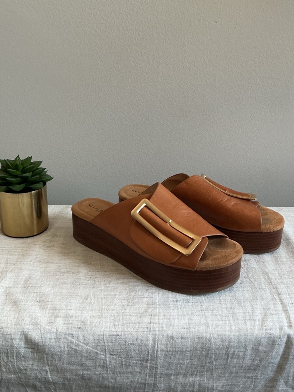 Kelsi Dagger Tan Brown Leather Platform Slide Sandals